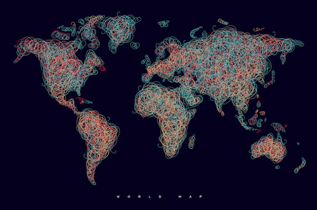 Vecteur carte du monde avec des lignes multicolores enchevêtrées sur fond noir