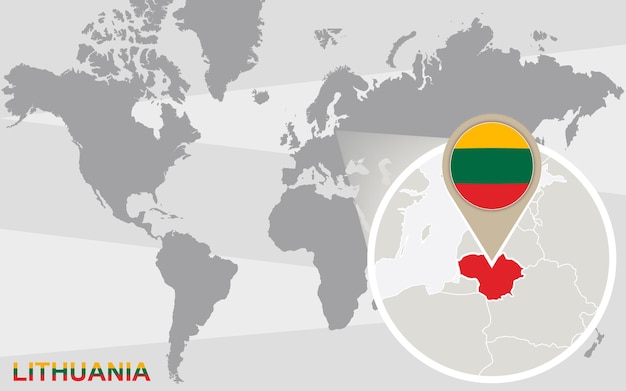 Carte Du Monde Avec La Lituanie Agrandie. Drapeau Et Carte De La Lituanie.