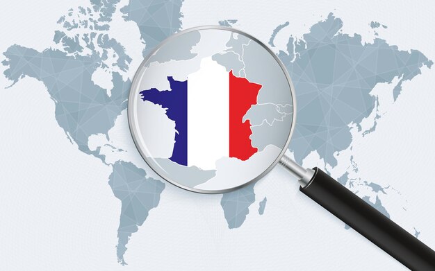 Carte du monde avec une loupe pointant vers la France Carte de France avec le drapeau dans la boucle