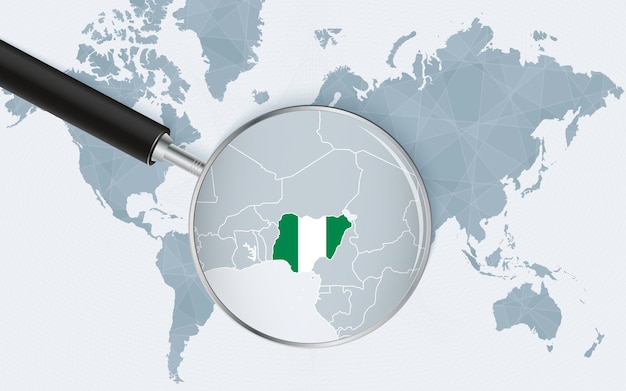 Vecteur carte du monde avec une loupe pointant vers le nigeria carte du nigeria avec le drapeau dans la boucle