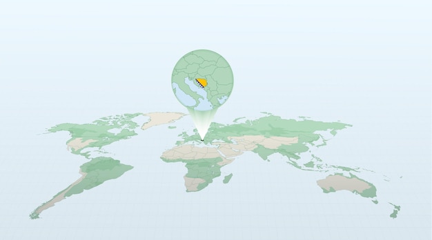 Carte du monde en perspective montrant l'emplacement du pays Bosnie-Herzégovine avec carte détaillée avec le drapeau de la Bosnie-Herzégovine