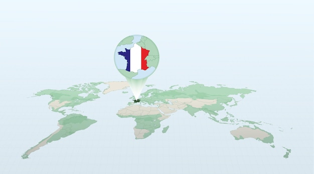 Vecteur carte du monde en perspective montrant l'emplacement du pays france avec carte détaillée avec drapeau de la france