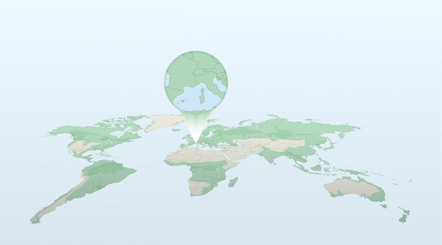 Vecteur carte du monde en perspective montrant l'emplacement du pays monaco avec carte détaillée avec drapeau de monaco