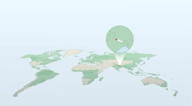 Carte du monde en perspective montrant l'emplacement du pays Népal avec carte détaillée avec drapeau du Népal