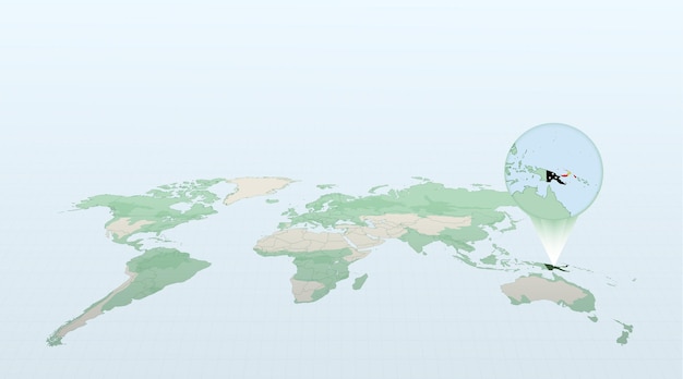 Carte du monde en perspective montrant l'emplacement du pays Papouasie-Nouvelle-Guinée avec carte détaillée avec drapeau de Papouasie-Nouvelle-Guinée