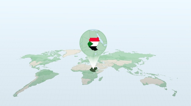 Carte du monde en perspective montrant l'emplacement du pays Soudan avec carte détaillée avec drapeau du Soudan