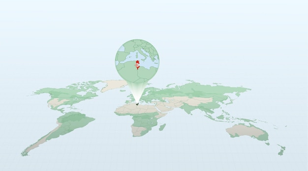 Carte du monde en perspective montrant l'emplacement du pays Tunisie avec carte détaillée avec drapeau de la Tunisie