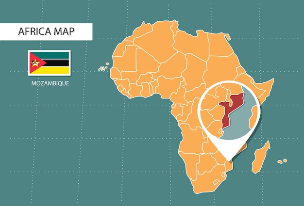 Vecteur carte du mozambique en afrique icônes de la version zoom montrant l'emplacement et les drapeaux du mozambique