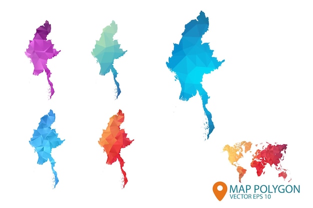 Vecteur carte du myanmar ensemble de fond graphique dégradé géométrique froissé triangulaire low poly style