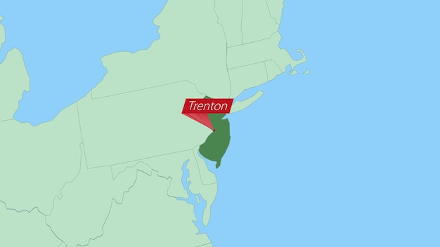 Carte du New Jersey avec épingle de la capitale du pays