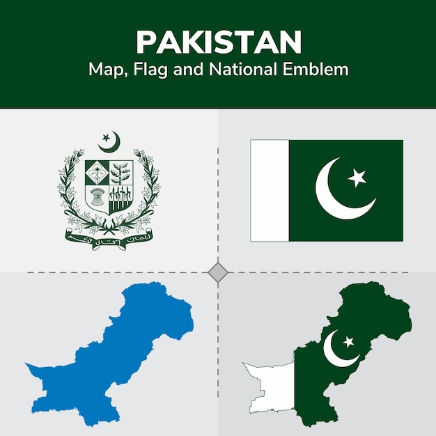 Vecteur carte du pakistan, drapeau et emblème national