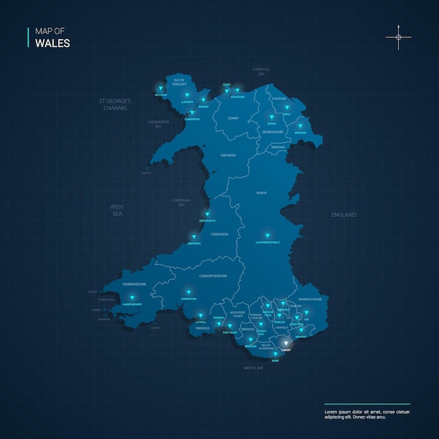 Carte Du Pays De Galles Avec Points Lumineux Au Néon Bleu - Triangle Sur Dégradé Bleu Foncé