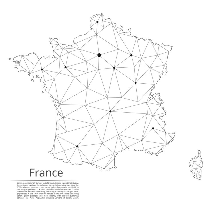 Carte du réseau de communication France Image vectorielle low poly d'une carte globale avec des lumières sous forme de villes