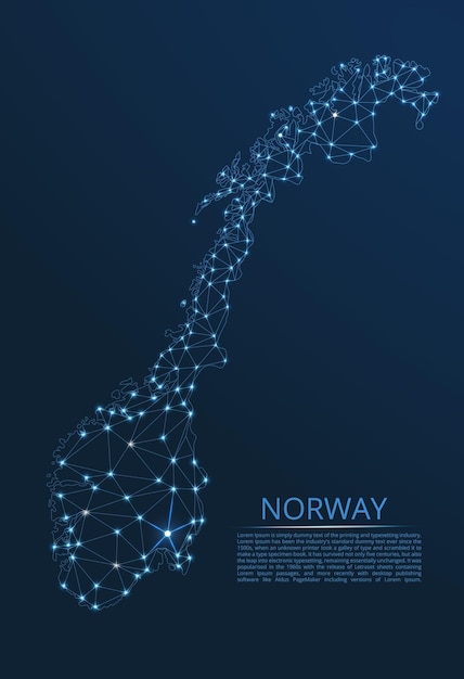 Carte du réseau de communication de la Norvège Image vectorielle low poly d'une carte mondiale avec des lumières