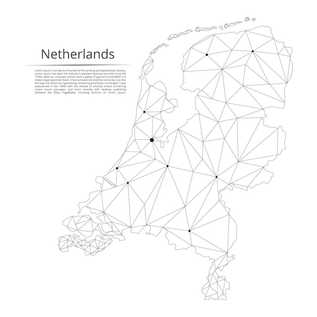 Carte Du Réseau De Communication Des Pays-bas Image Vectorielle Low Poly D'une Carte Mondiale Avec Des Lumières Sous Forme De Villes