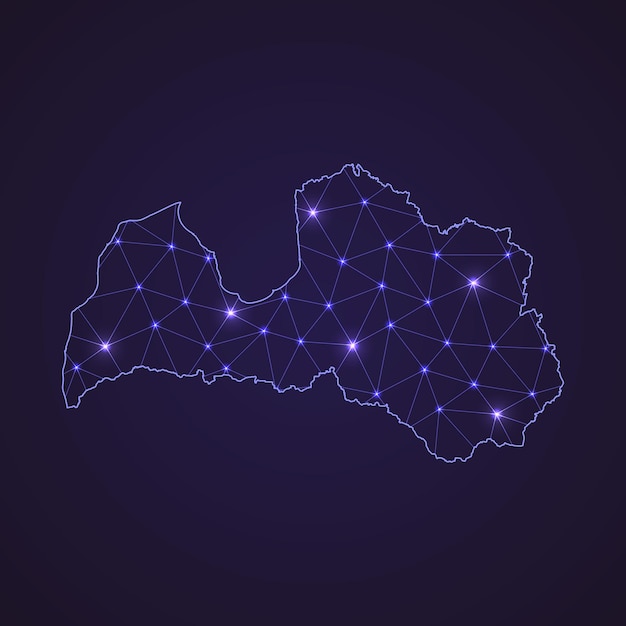 Carte Du Réseau Numérique De La Lettonie. Ligne De Connexion Abstraite Et Point Sur Fond Sombre