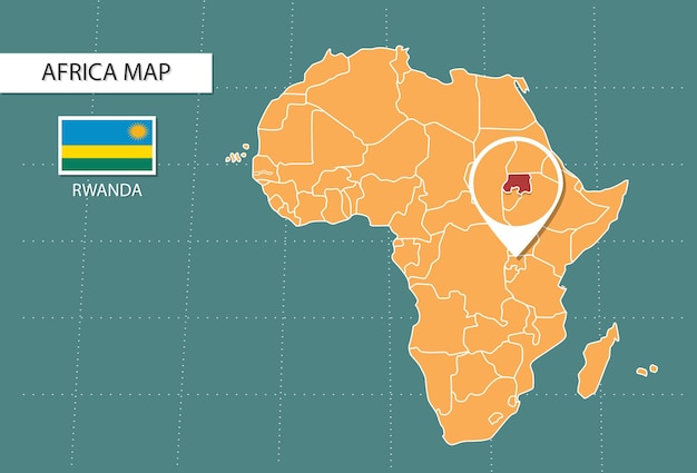 Vecteur carte du rwanda en afrique icônes de la version zoom montrant l'emplacement et les drapeaux du rwanda