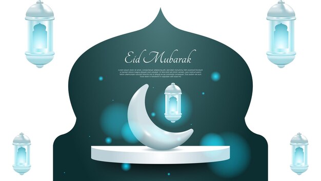 Vecteur carte d'eid mubarak avec lanterne croissant et podium illustration vectorielle de fond islamique