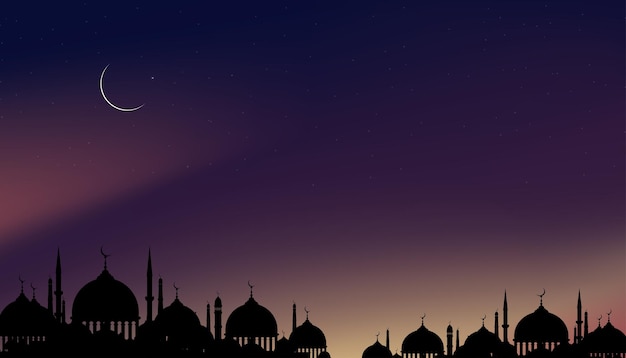 Carte Eid Mubarak Silhouette Dôme Mosquées La Nuit Avec Croissant De Lune Ciel Bleu Foncé