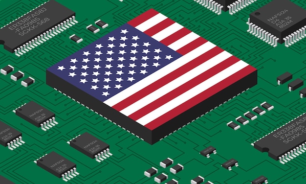 Carte électronique isométrique avec drapeau américain Carte de circuit imprimé isométrique avec composants électroniques Composants électroniques et carte de circuit intégré