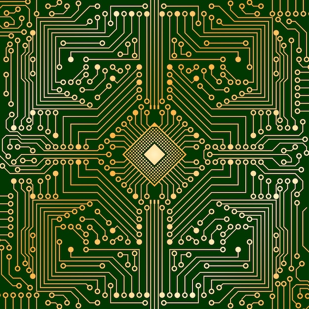 La carte électronique de l'ordinateur en couleur verte et or avec un microprocesseur au centre.