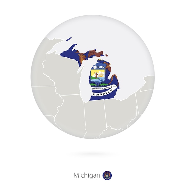 Carte De L'état Du Michigan Et Drapeau Dans Un Cercle Contour De Carte De L'état Américain Du Michigan Avec Drapeau Illustration Vectorielle