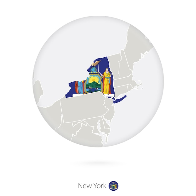 Carte De L'état De New York Et Drapeau Dans Un Cercle Contour De Carte De L'état De New York Aux états-unis Avec Drapeau Illustration Vectorielle