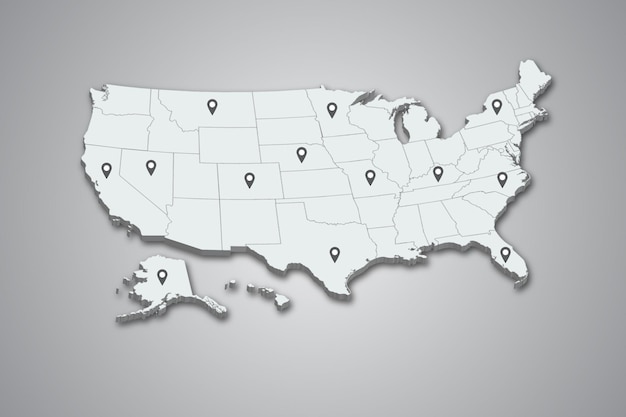 Carte des États-Unis 3D avec illustration de broche de carte sur fond isolé