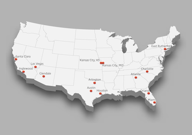 carte des États-Unis avec les villes hôtes du tournoi de football 2024