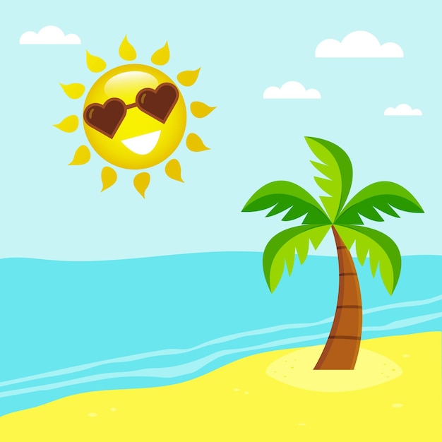 Carte D'été Avec Cocotier Sur La Plage Avec Paysage Marin Et Soleil Dans Le Ciel