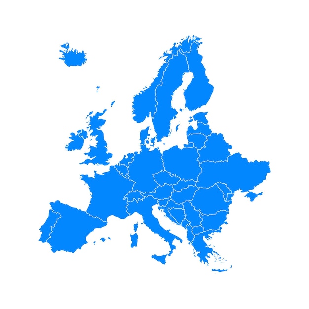 Vecteur carte de l'europe bleue sur fond blanc à plat