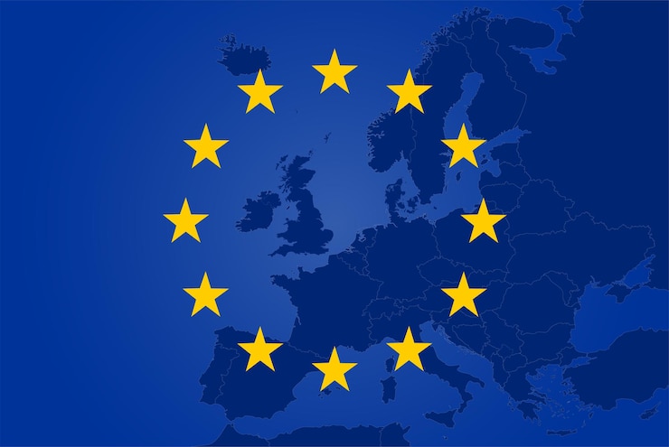 Vecteur carte de l'europe et drapeau de l'union européenne. concept d'amitié et de coopération. illustration vectorielle