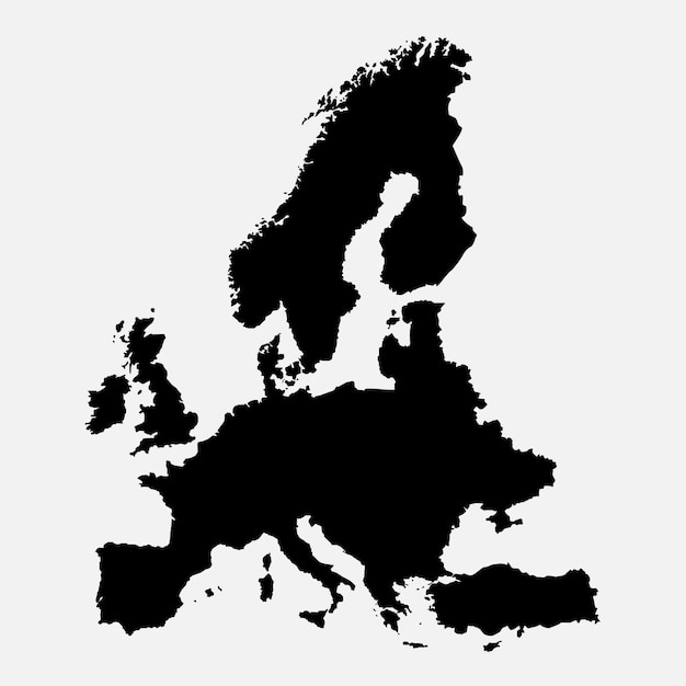 Vecteur carte d'europe à style plat carte du continent d'europe noire sur fond blanc pour les affiches de présentations