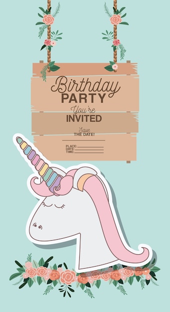 Vecteur carte de fête d'anniversaire invité avec licorne