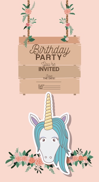 Vecteur carte de fête d'anniversaire invité avec licorne