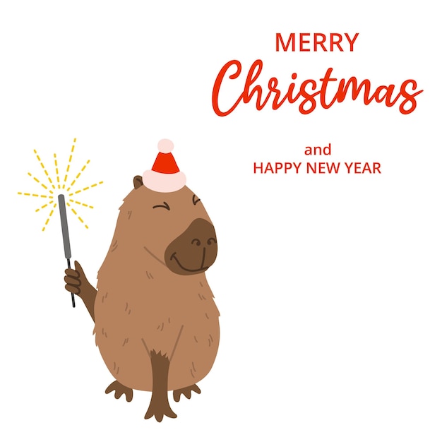 Vecteur carte de fête d'hiver avec chapeau rouge capybara feu de bengale et texte joyeux noël sur fond blanc