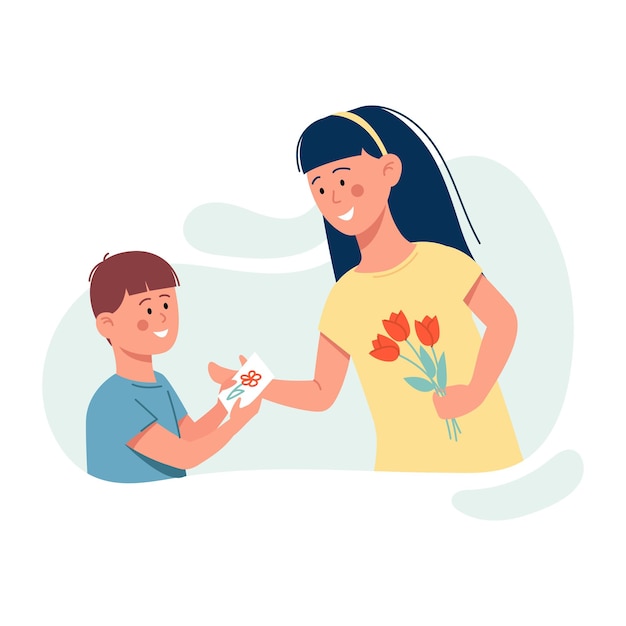 Carte de fête des mères heureuse Petit fils présente une carte à la mère Illustration vectorielle