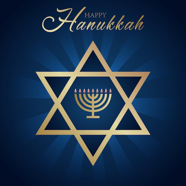 Carte de fête avec texte doré Happy Hanukkah, lustre avec neuf bougies et étoile de David