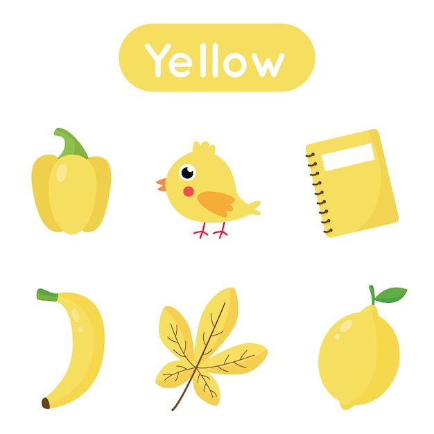 Carte flash d'apprentissage des couleurs pour les enfants d'âge préscolaire. Couleur jaune. Tous les objets de couleur jaune. Feuille de calcul imprimable.