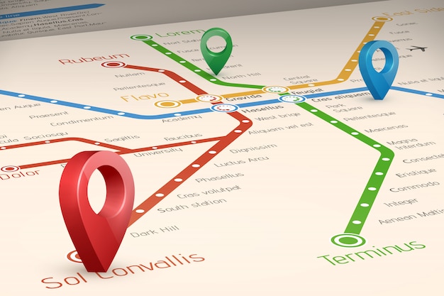 Carte floue des itinéraires de métro et des pointeurs