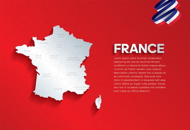 Carte Francemap avec ombre papier découpé isolé sur fond rouge