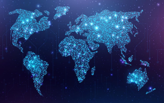 Carte Futuriste De La Planète Carte Du Monde Mondialisation De L'internet Et De La Technologie Cyber-sécurité Abstrait Avec Carte Rougeoyante De La Terre Illustration Vectorielle