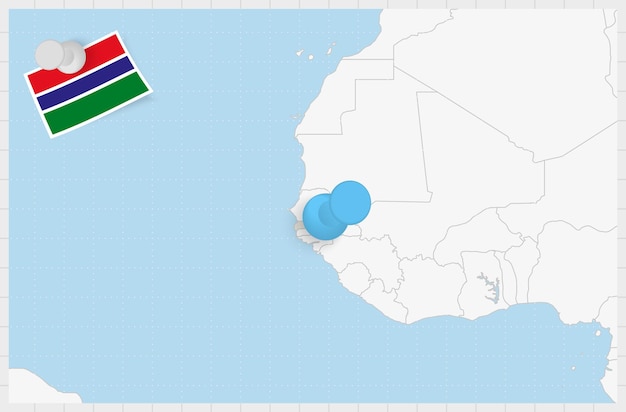Vecteur carte de la gambie avec une épingle bleue épinglée drapeau épinglé de la gambie
