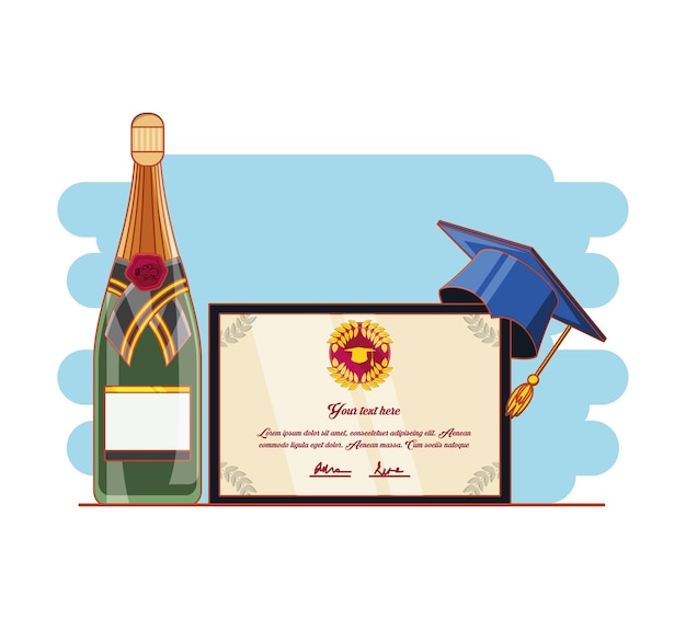 Vecteur carte de graduation avec chapeau et vin