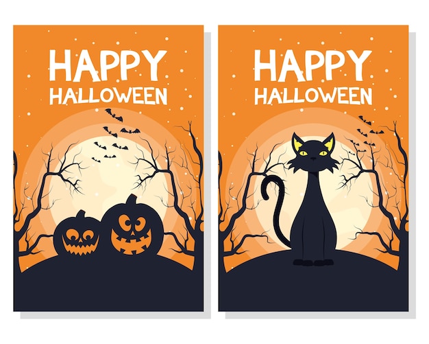 Carte D'halloween Heureux Avec Des Citrouilles Et Des Scènes De Chat Vector Illustration Design