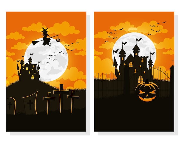 Carte D'halloween Heureux Avec Des Maisons Hantées Et Des Scènes De Vol De Sorcière Vector Illustration Design