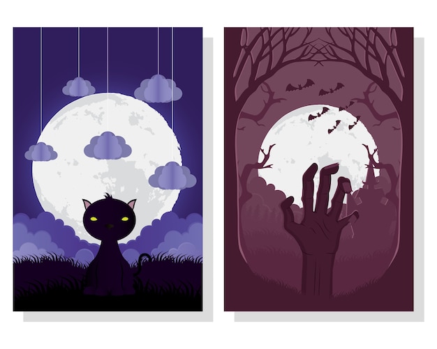 Carte D'halloween Heureux Avec Des Scènes De Main De Chat Et De Mort Vector Illustration Design