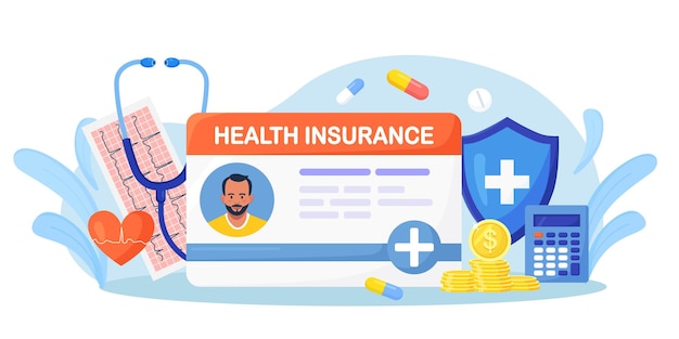 Carte D'identité D'assurance Médicale Avec Grand Bouclier, Stéthoscope, Médicaments, Argent, Cardiogramme. Protection De La Santé Et De La Vie Avec Document. Cas D'assurance