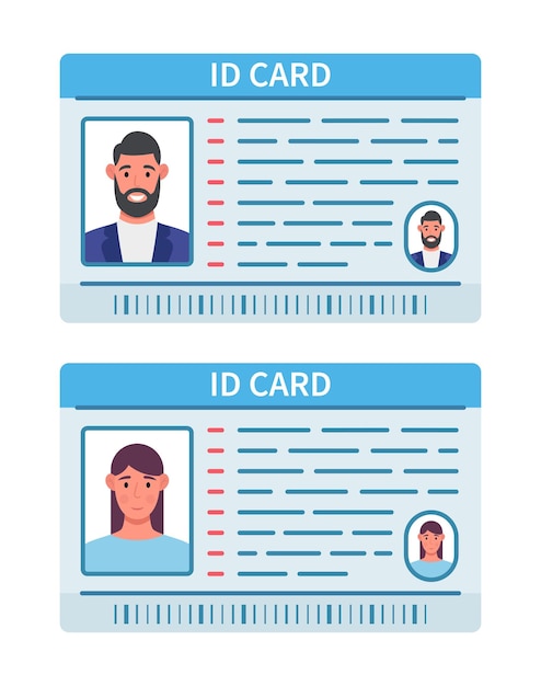 Vecteur carte d'identité carte pour homme barbu et pour femme aux cheveux bruns illustration vectoriellexa