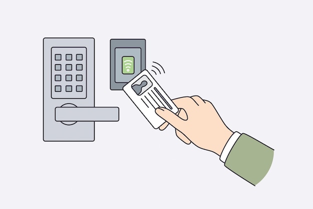 Carte D'identité De Sécurité Et Concept De Sécurité. Main Humaine Tenant Une Carte D'identité Avec Des Informations Personnelles Tenant Près De L'illustration Vectorielle De Porte D'ouverture De Serrure électronique